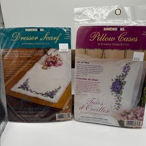 Dimensions Stamped Cross Stitch Dresser Scarf and Pillowcase Set Pretty Violets